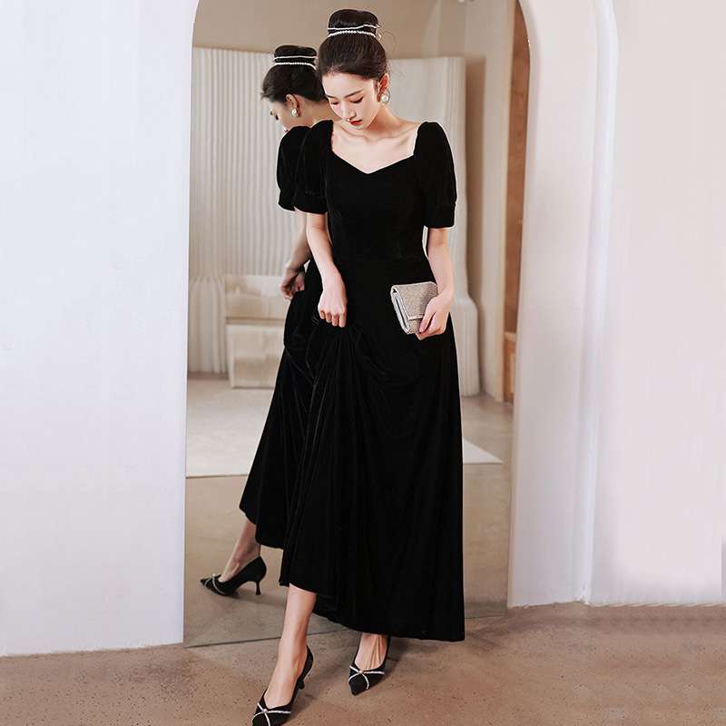 ベルベット素材パフスリーブロングドレス