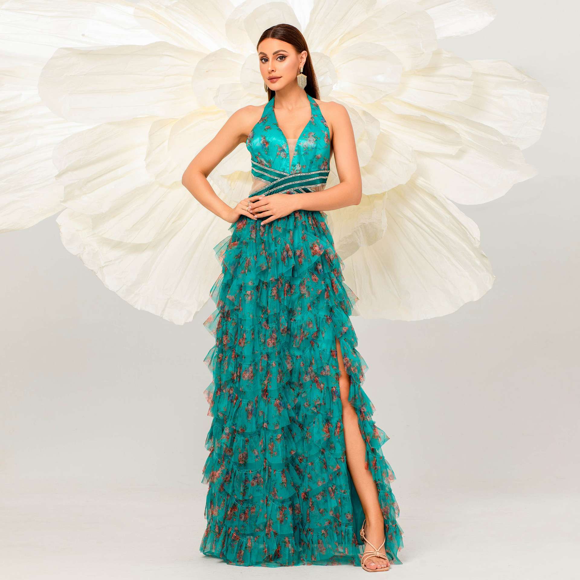 ロングドレス ラッフルチュール花柄ホルターネックドレス