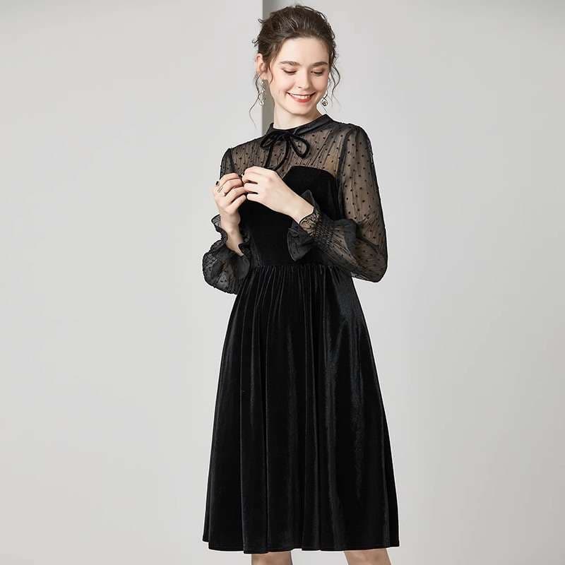 ロングドレス シースルー袖付きベルベットドレス