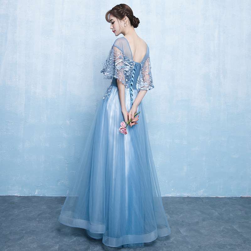 ロングドレス レースチュールのフリル袖ドレス