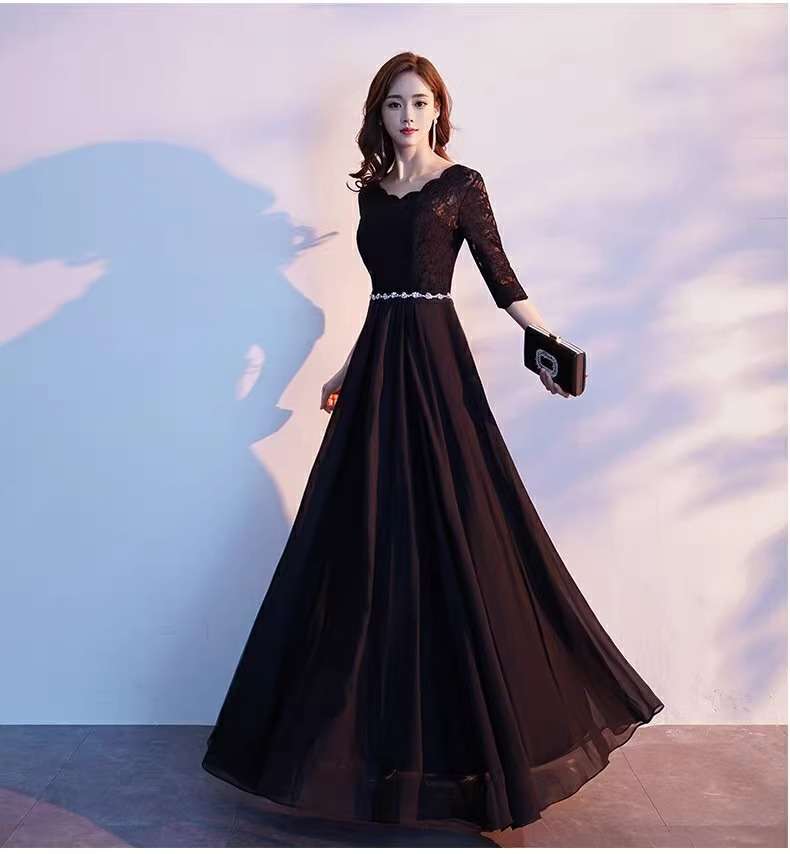 レース袖付きウエストライン優美ロングドレス