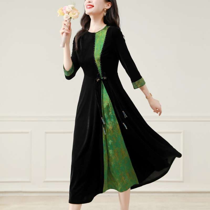 上品な縦ラインデザインロングドレス