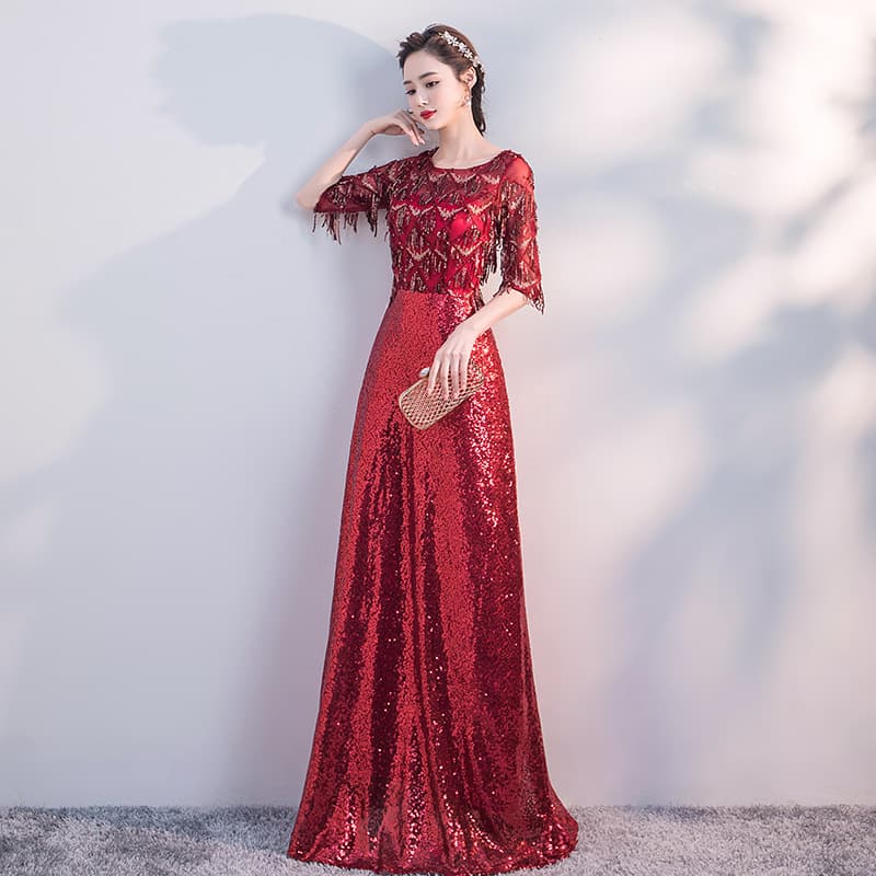 煌めき装飾レースロングドレス