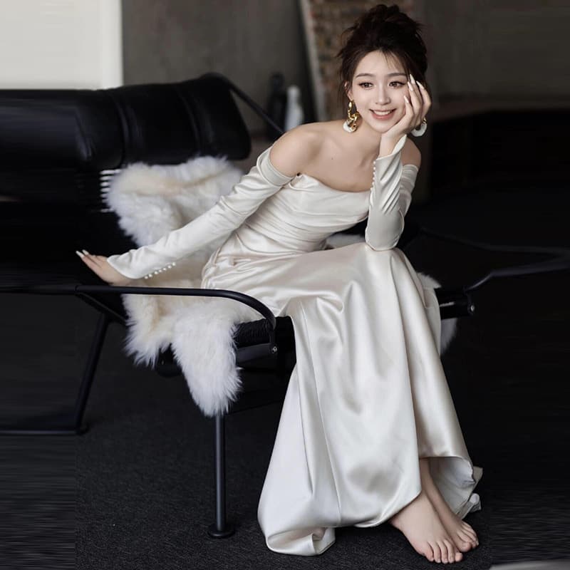 オフショルダー シャーリング ロングドレス