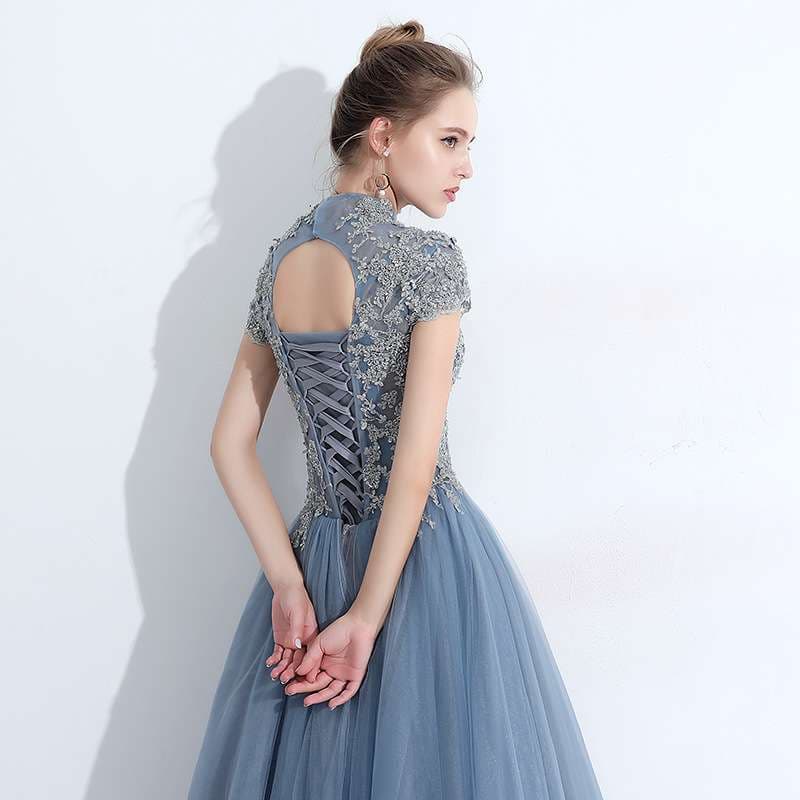 チュール刺繍レース ハイネックロングドレス