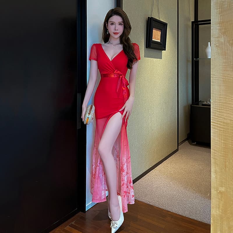 メッシュレイヤードシアー スリットロングドレス