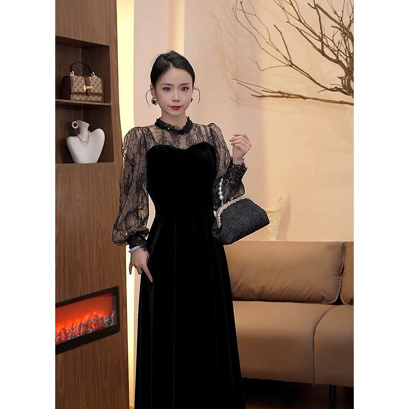 レース袖ベルベットロングドレス