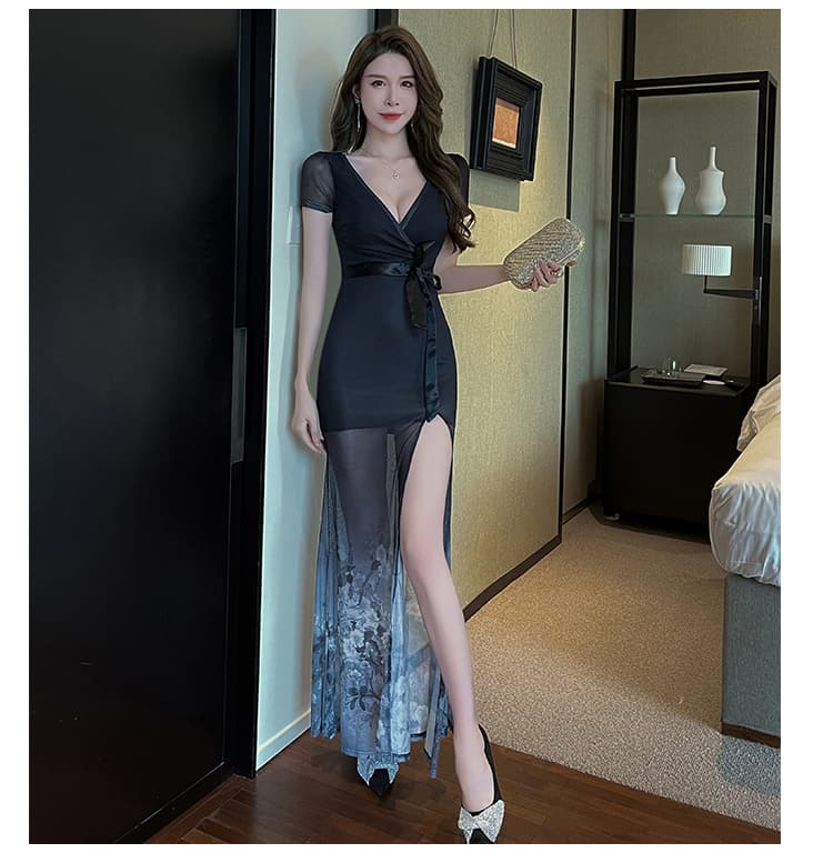 メッシュレイヤードシアー スリットロングドレス