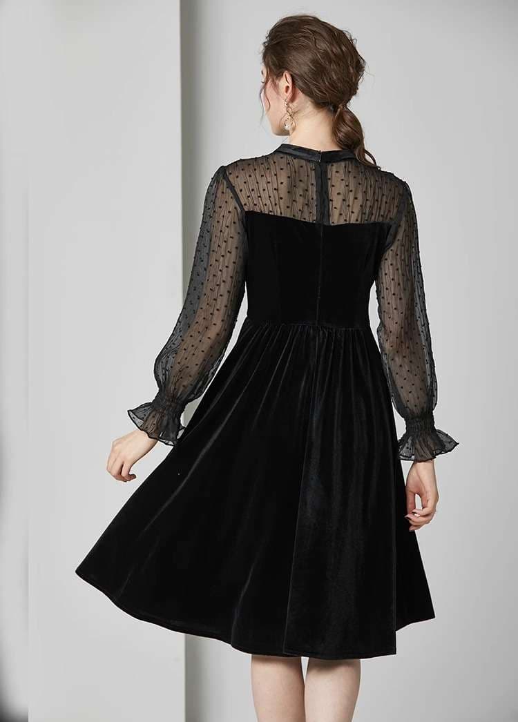 ロングドレス シースルー袖付きベルベットドレス