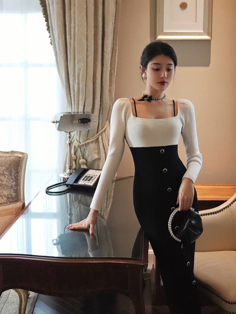 ロングドレス ボタンデザインデコルテドレス