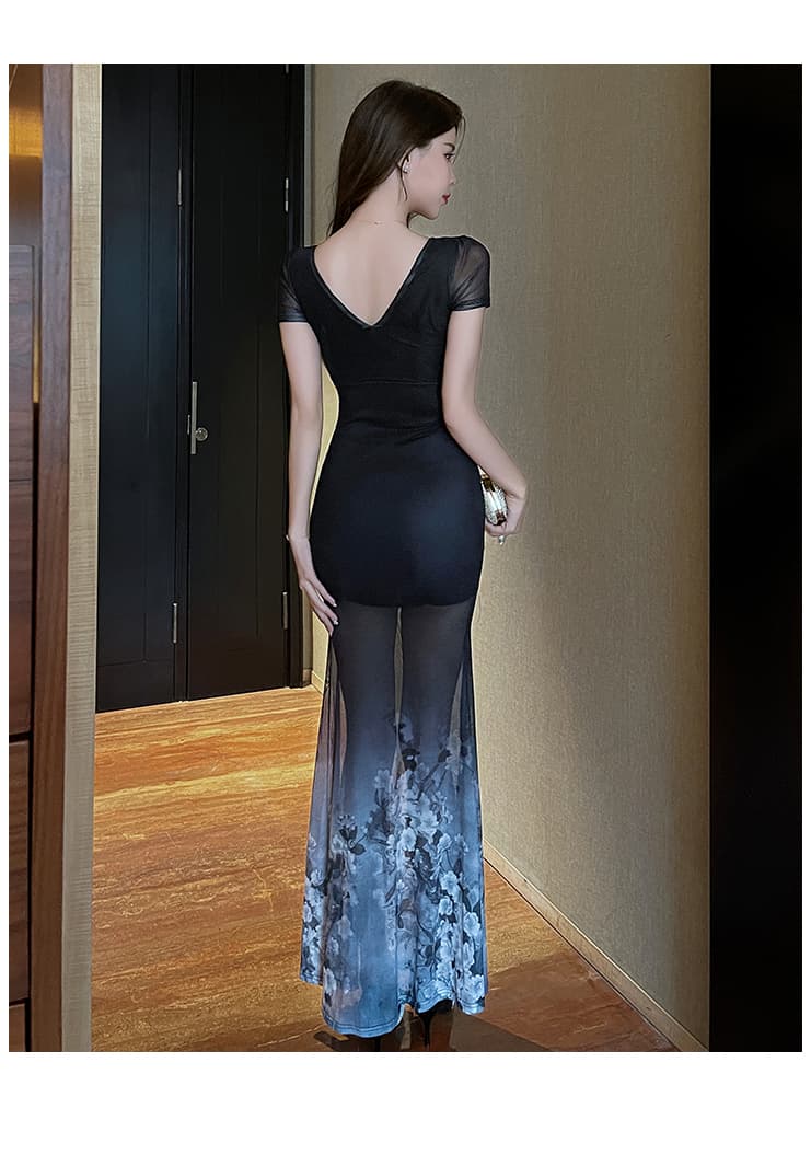 メッシュレイヤードシアー スリットロングドレス