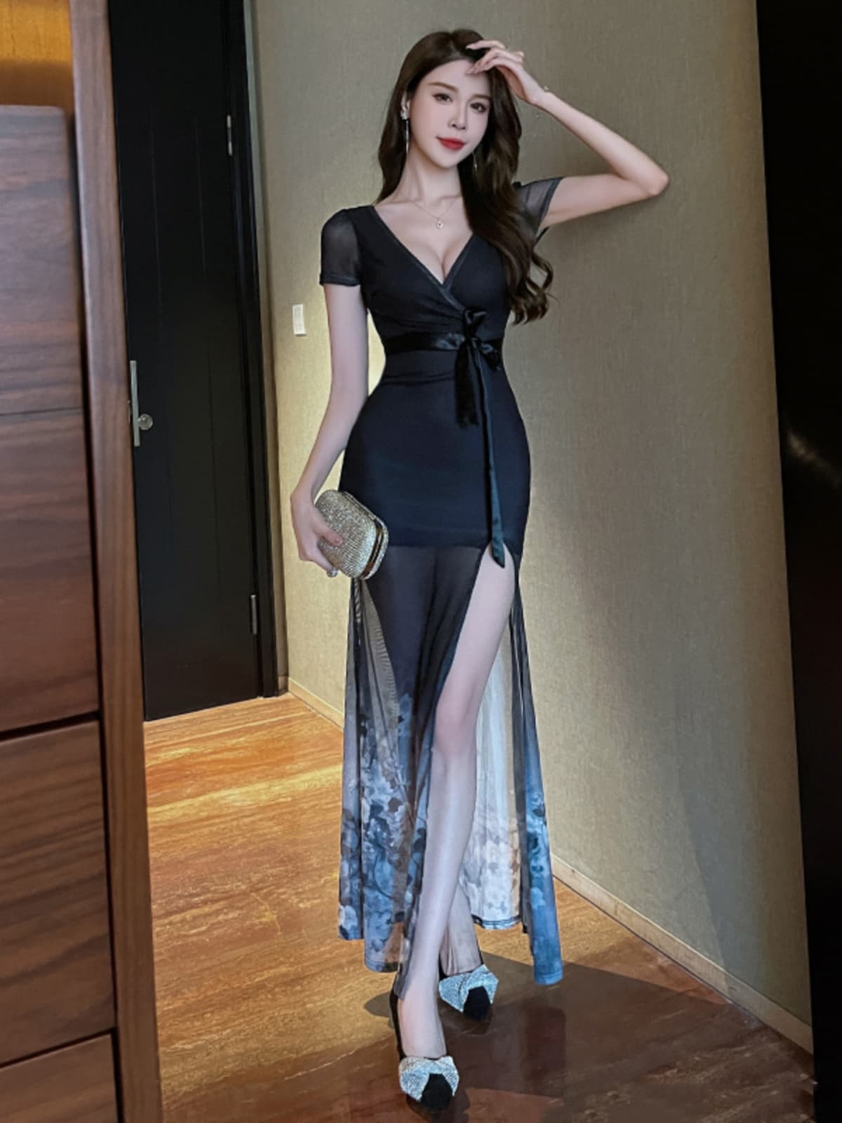 メッシュレイヤードシアー スリットロングドレス