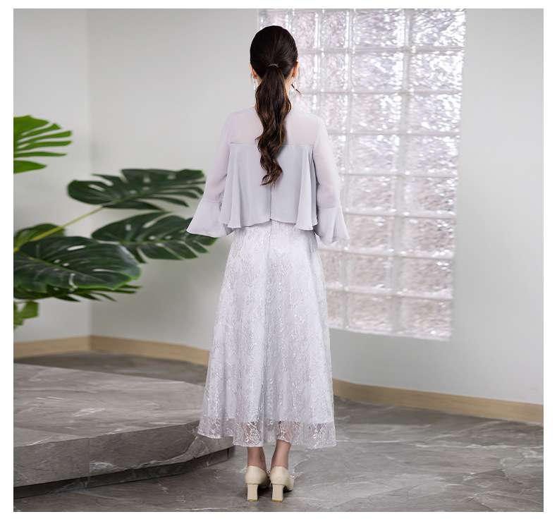 レース刺繍ティアードスリーブロングドレス