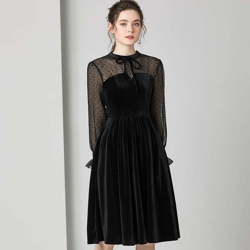 ロングドレス シースルー袖付きベルベットドレス