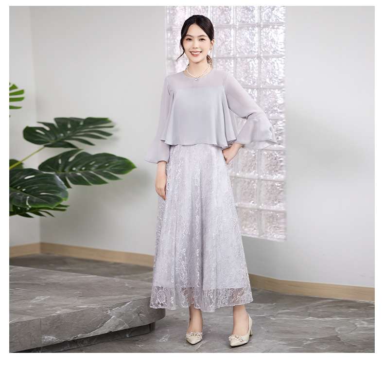 レース刺繍ティアードスリーブロングドレス