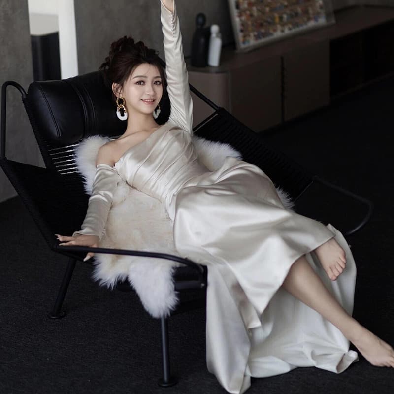 オフショルダー シャーリング ロングドレス