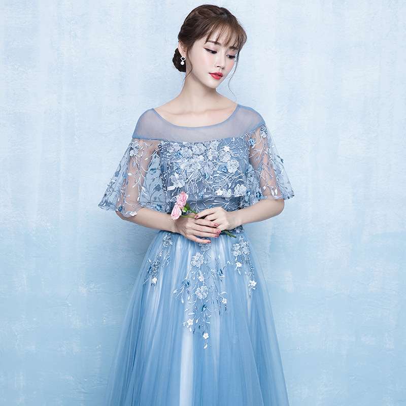 ロングドレス レースチュールのフリル袖ドレス