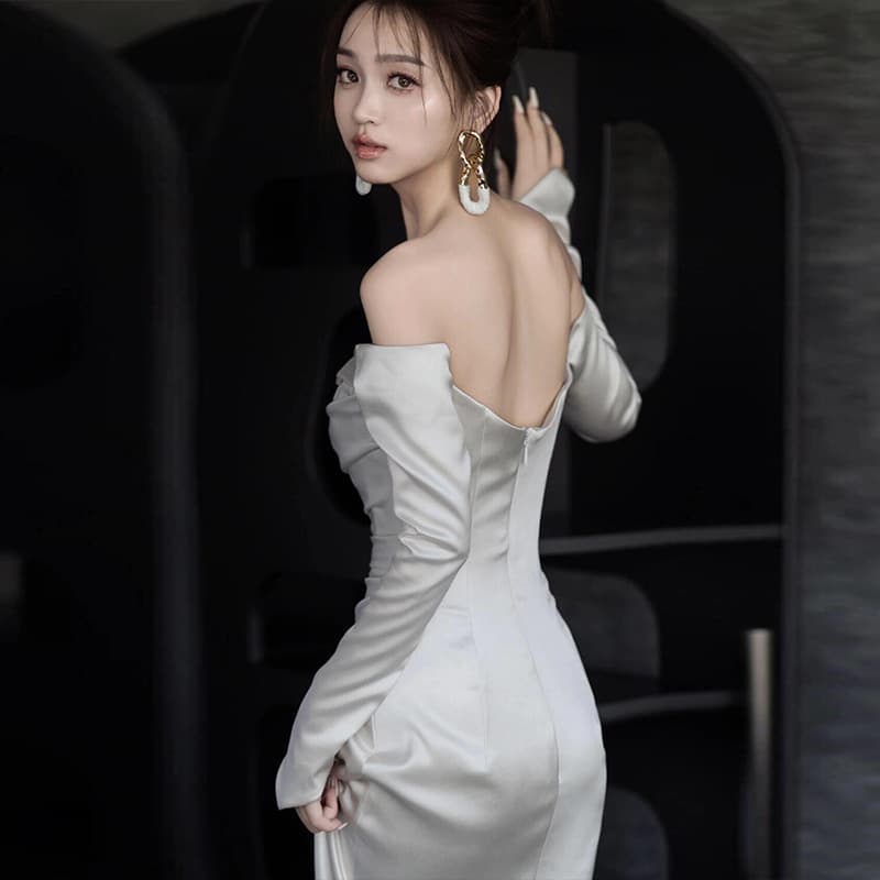 オフショルダー シャーリング ロングドレス