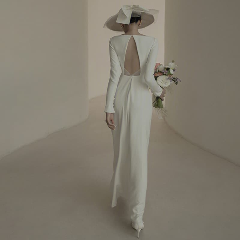 ロングドレス シンプル優美なスレンダーウエディングドレス