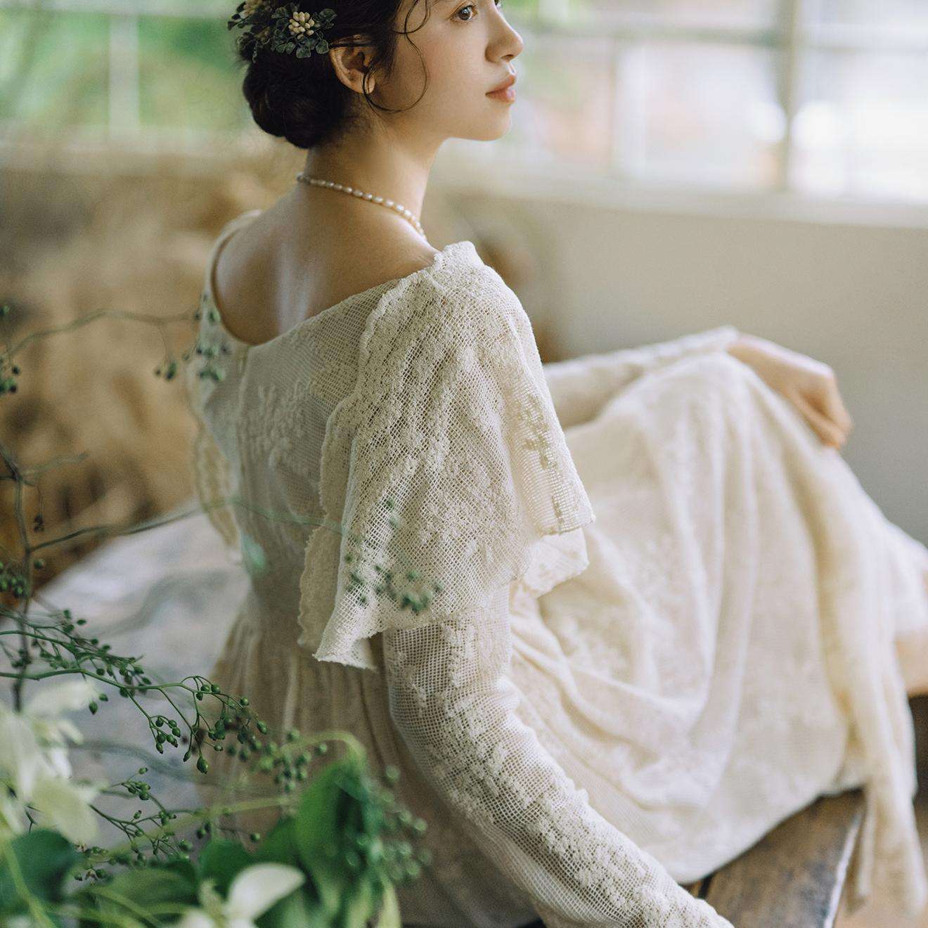 ロングドレス 袖付きレースドレス