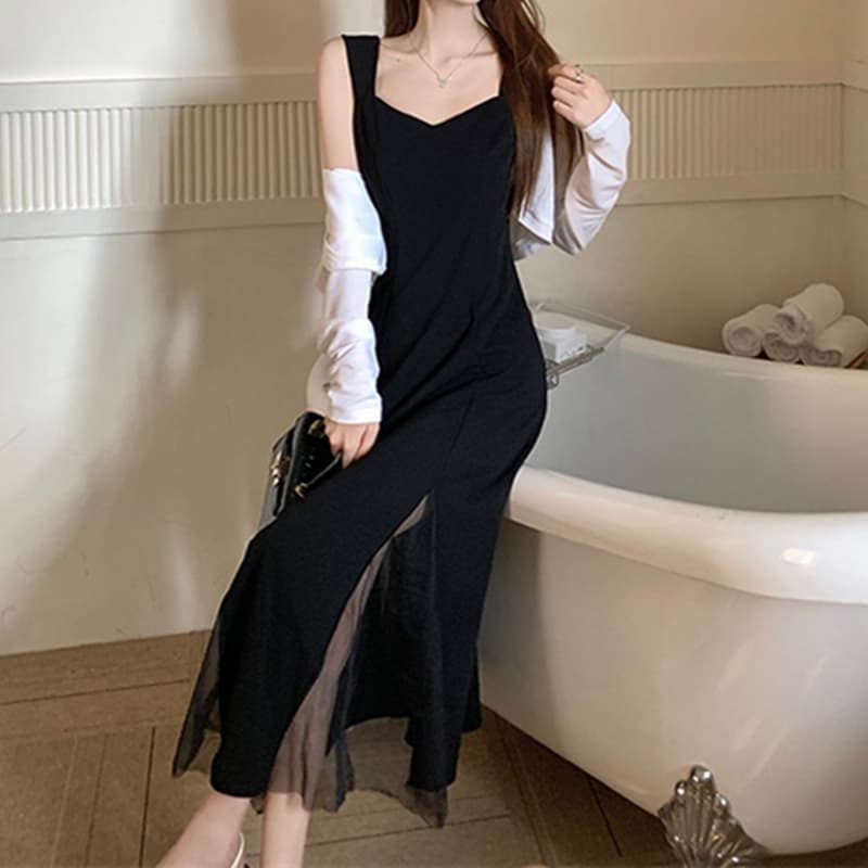 シアー切替スタイリッシュロングドレス