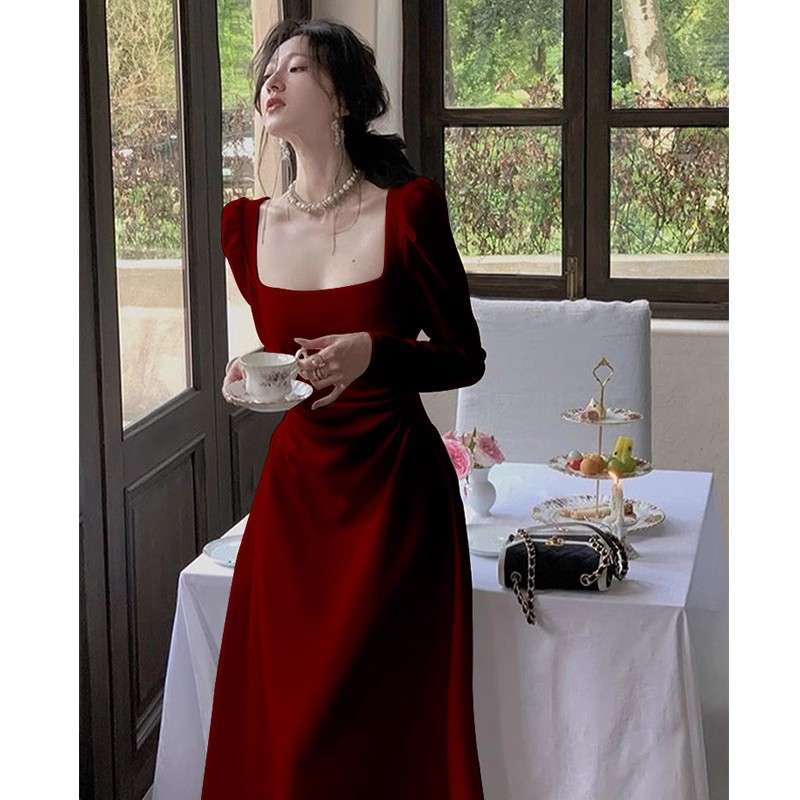 大人上品シルエットパフスリーブロングドレス