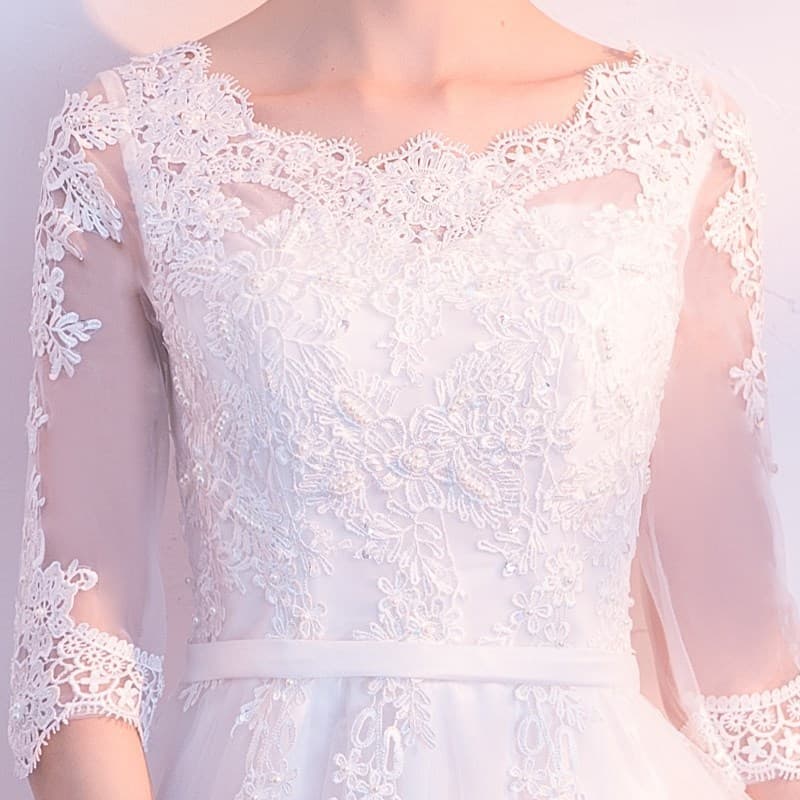 ロングドレス チュール刺繍レース 七分袖 ドレス