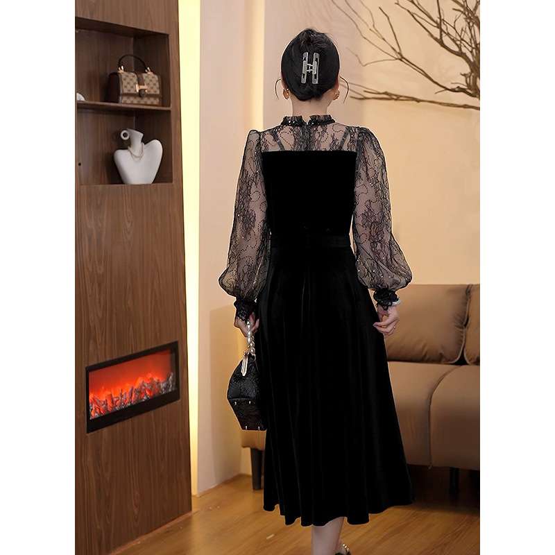 レース袖ベルベットロングドレス