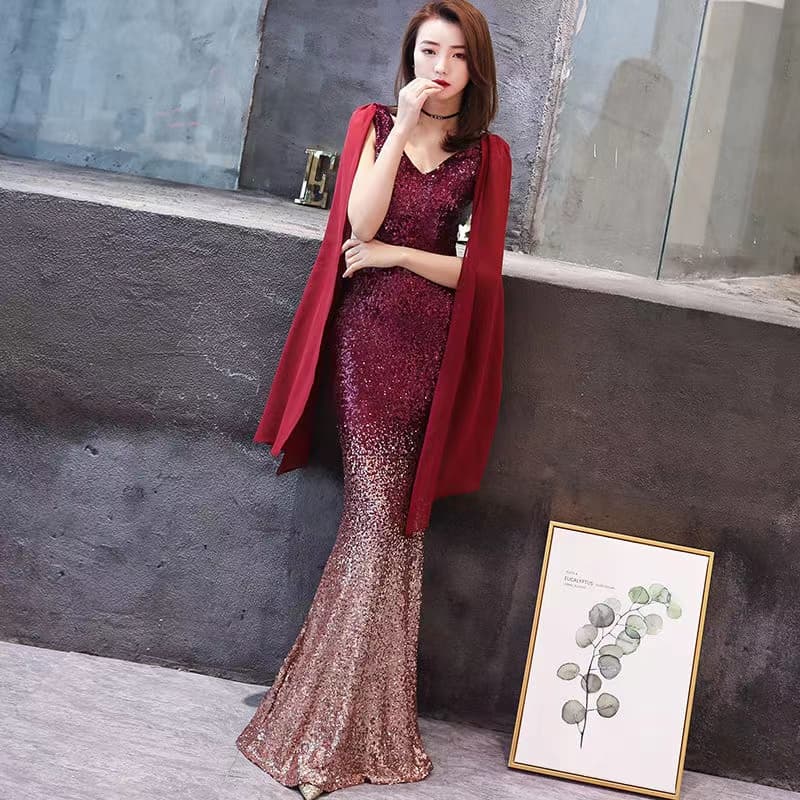 ロングドレス スパンコール付きワンショルダー マーメイドドレス