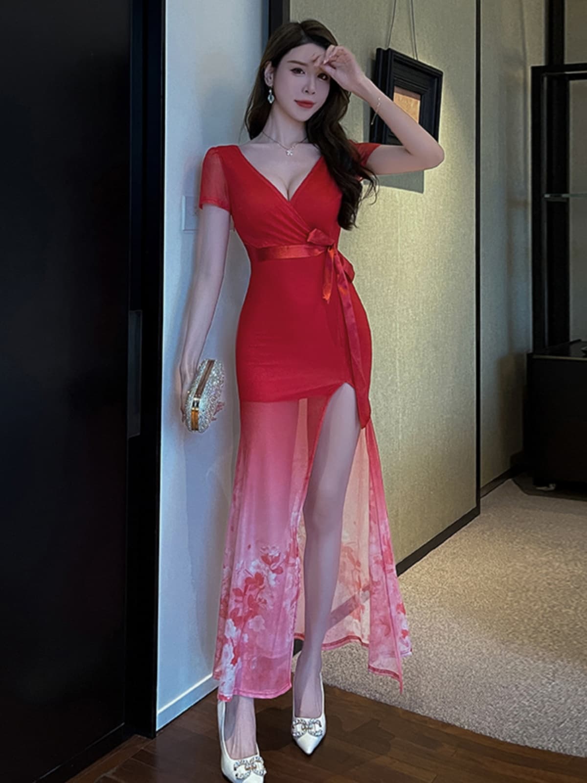 メッシュレイヤードシアー スリットロングドレス