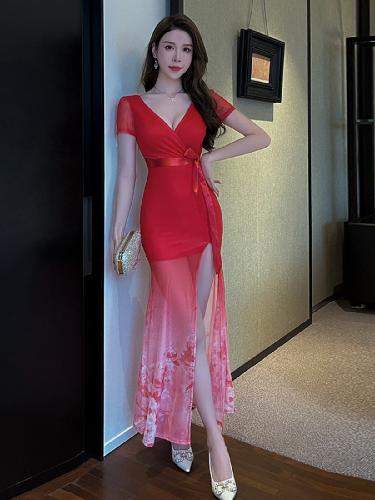 メッシュレイヤードシアー スリットロングドレス