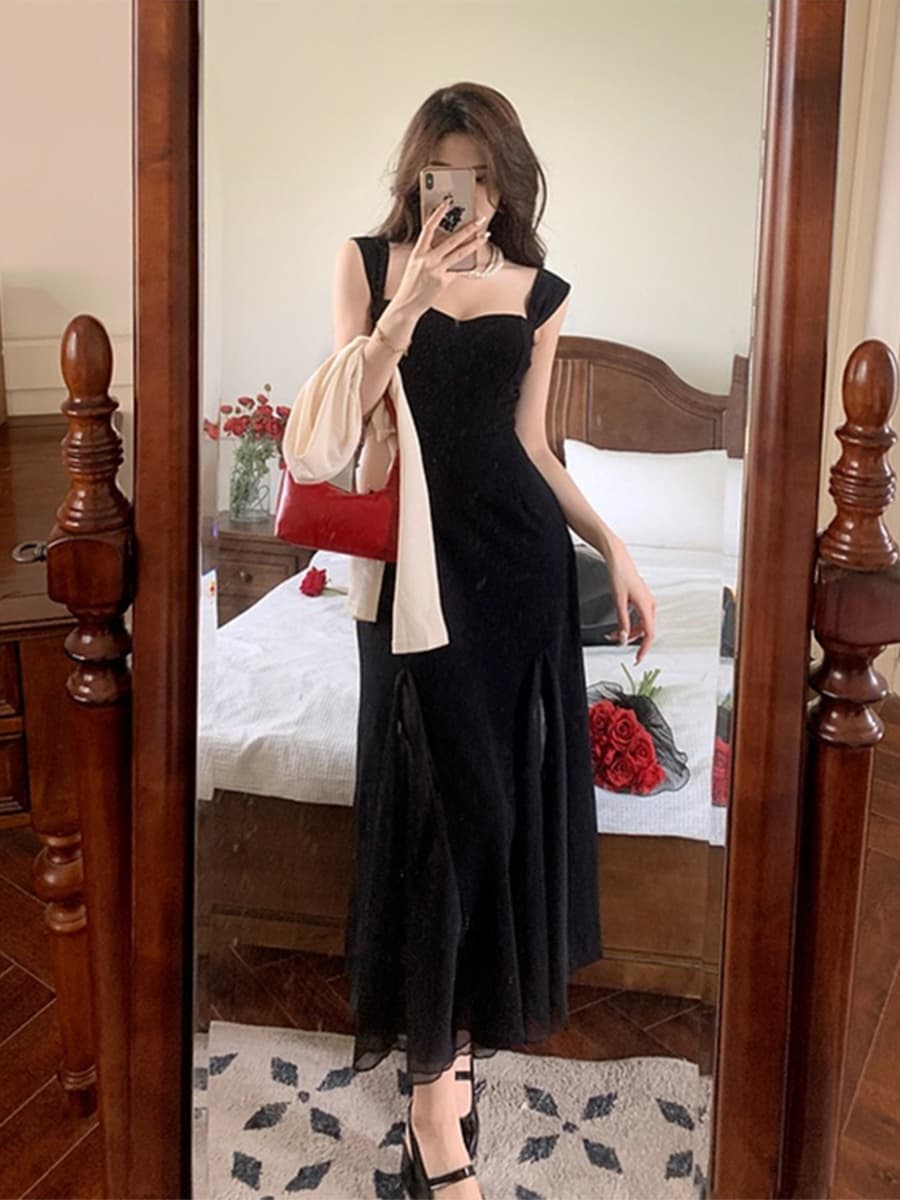 シアー切替スタイリッシュロングドレス