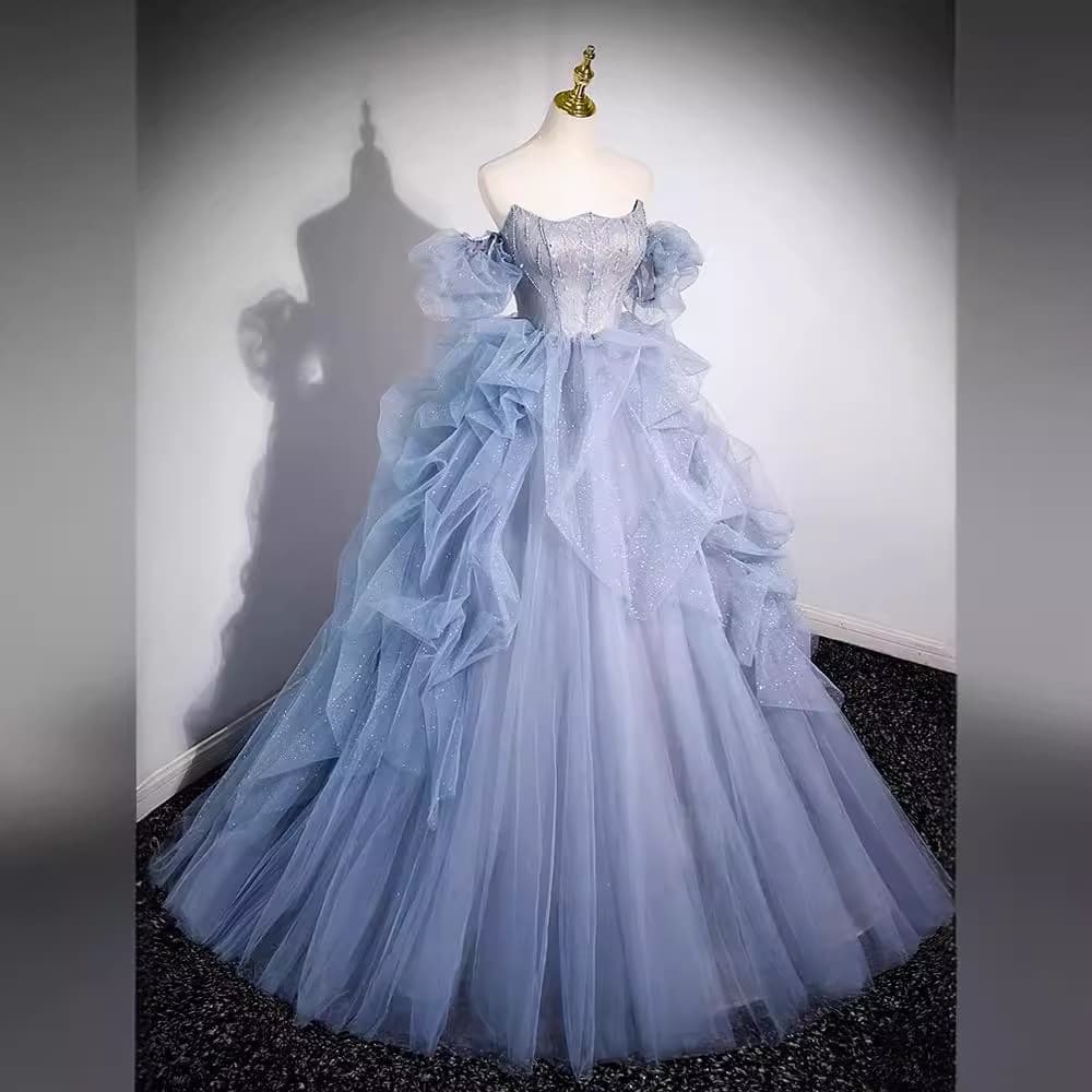 妖精のようなチュールティアードロングドレス