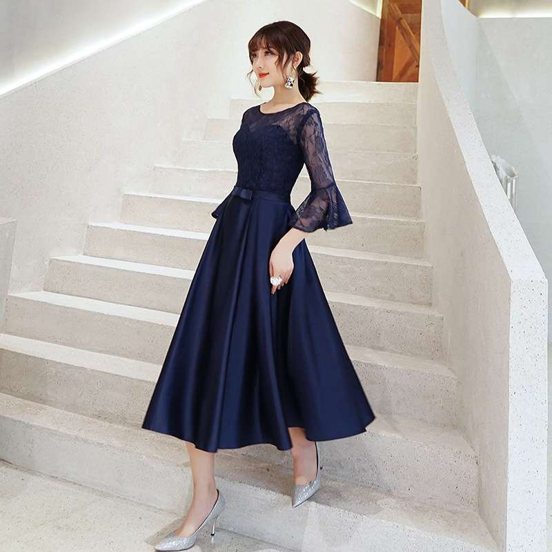 ロングドレス レース袖付きミモレ丈ドレス