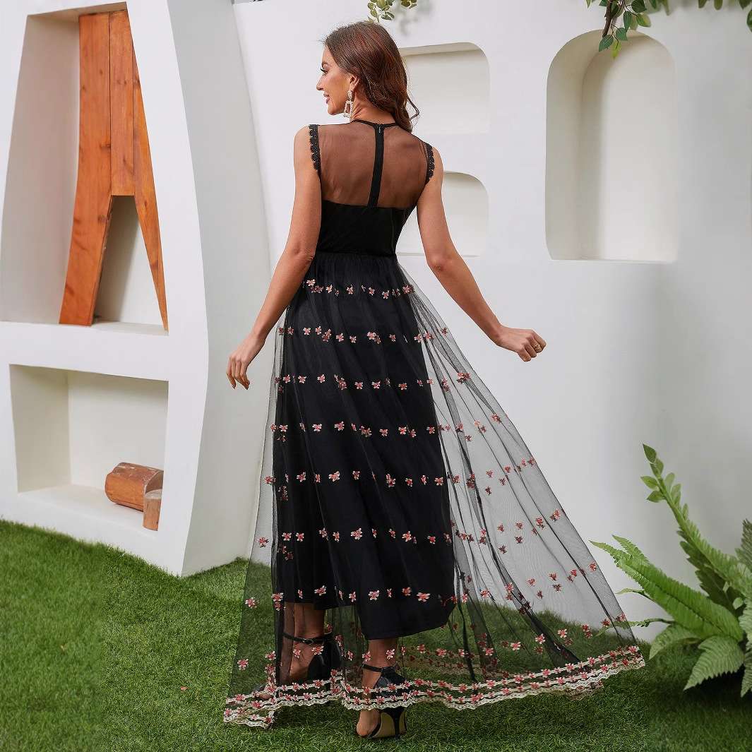 ロングドレス メッシュ刺繍チュールドレス