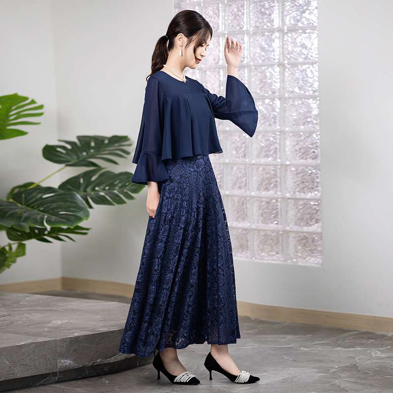 レース刺繍ティアードスリーブロングドレス