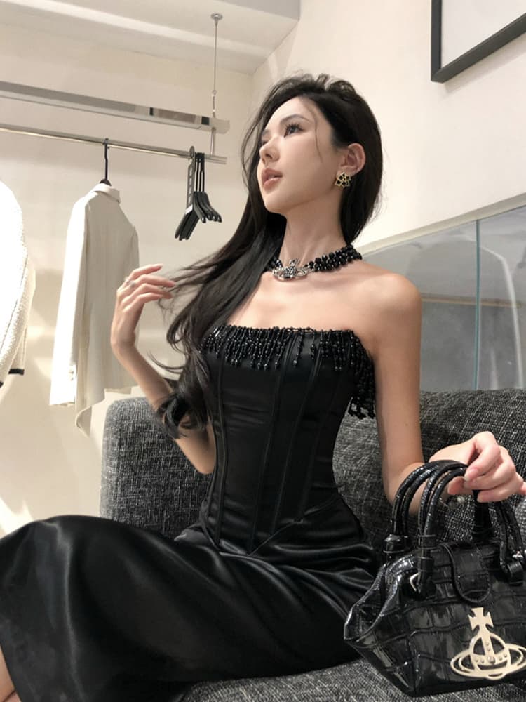 ビジューベアトップロングドレス