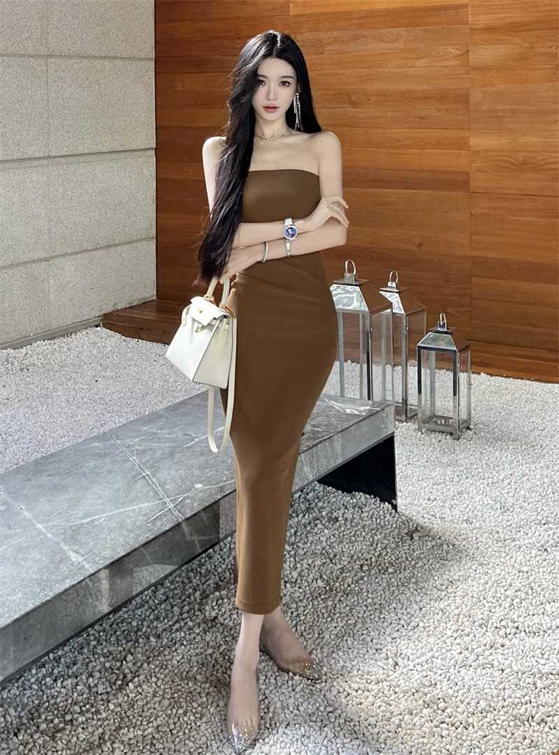 ロングドレス 優美シンプル ベアトップドレス