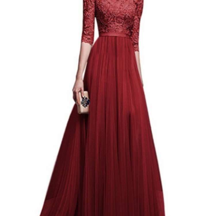 上品レース切替フレアロングドレス