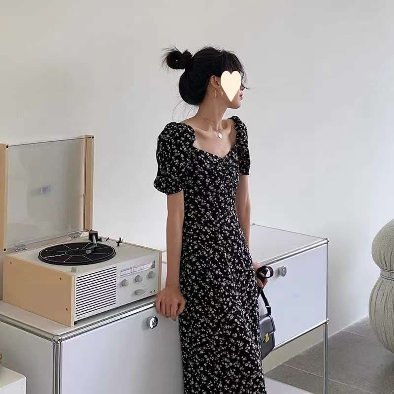 花柄パフスリーブ シンプルロングドレス