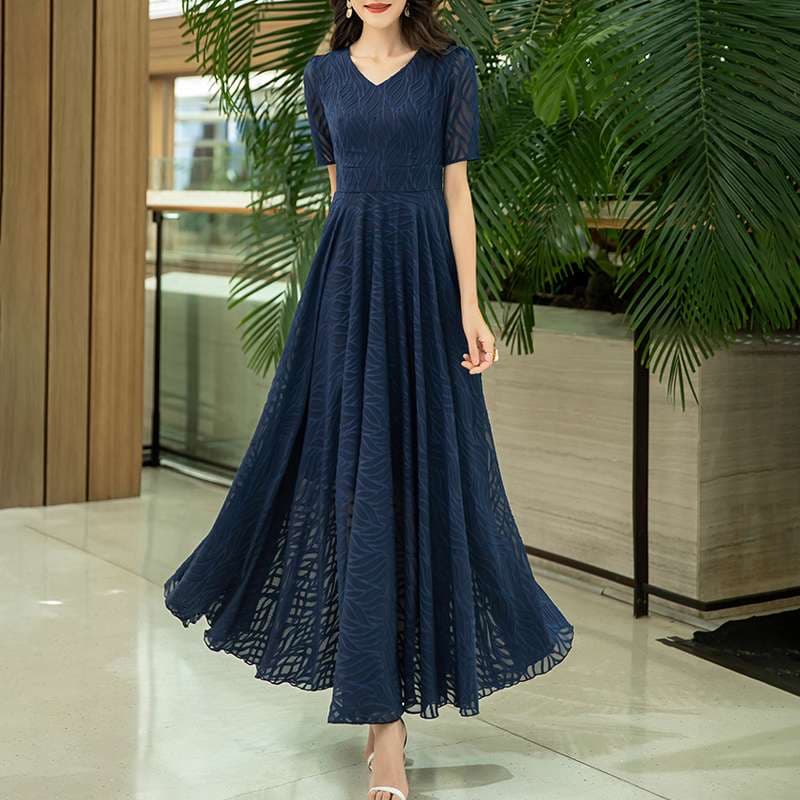 ロングドレス 透かし柄シフォンロマンティックドレス