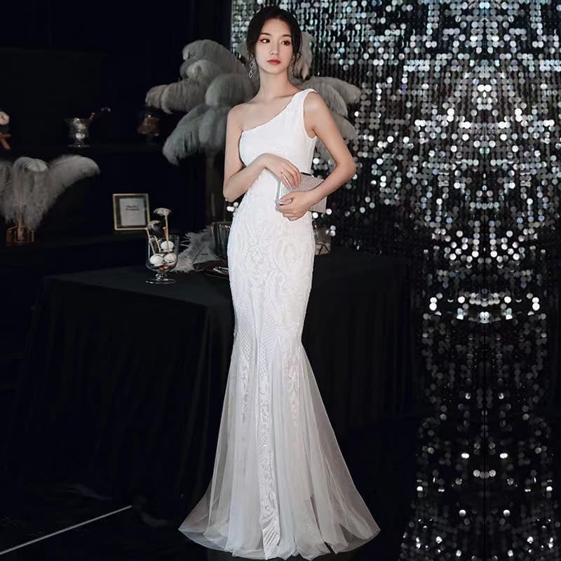 ロングドレス スパンコール付きワンショルダー マーメイドドレス