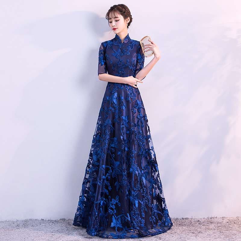 優美なチャイナカラーレース袖付きロングドレス