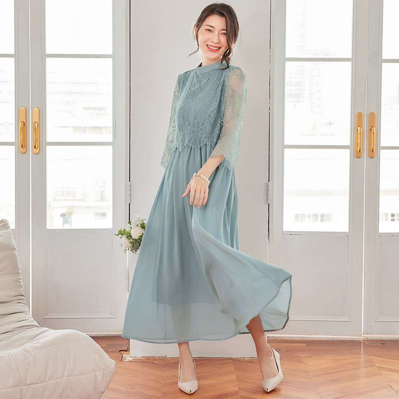 ロングドレス 透かしレース袖フレアワンピース