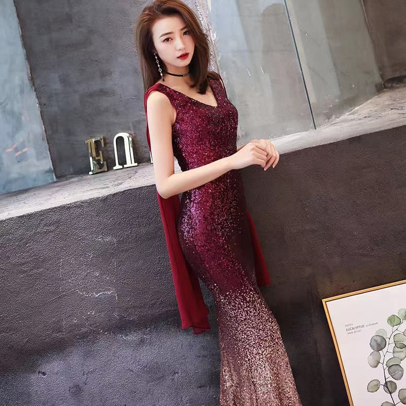 ロングドレス スパンコール付きワンショルダー マーメイドドレス