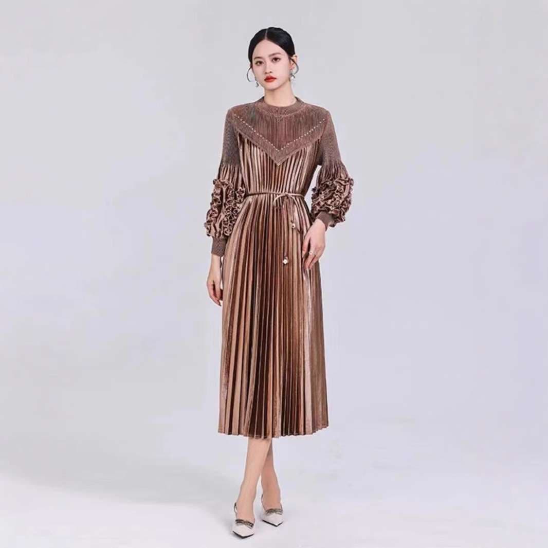 ロングドレス ラッフル袖プリーツドレス