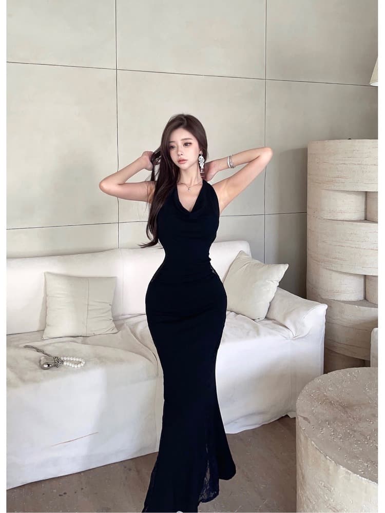 ロングドレス 優美なマーメイドホルターネックドレス