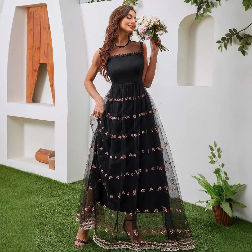 ロングドレス メッシュ刺繍チュールドレス