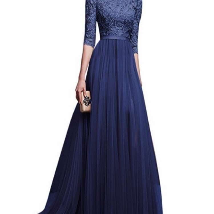 上品レース切替フレアロングドレス