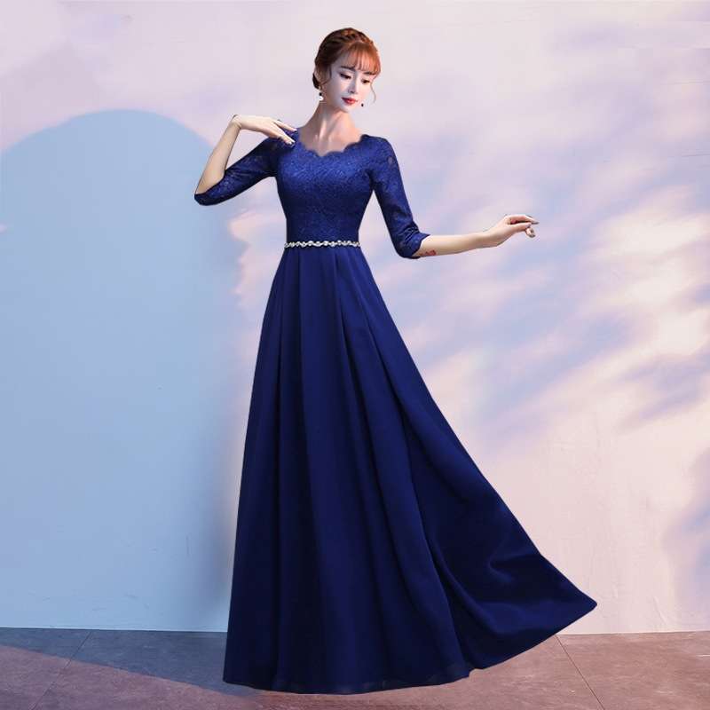 レース袖付きウエストライン優美ロングドレス